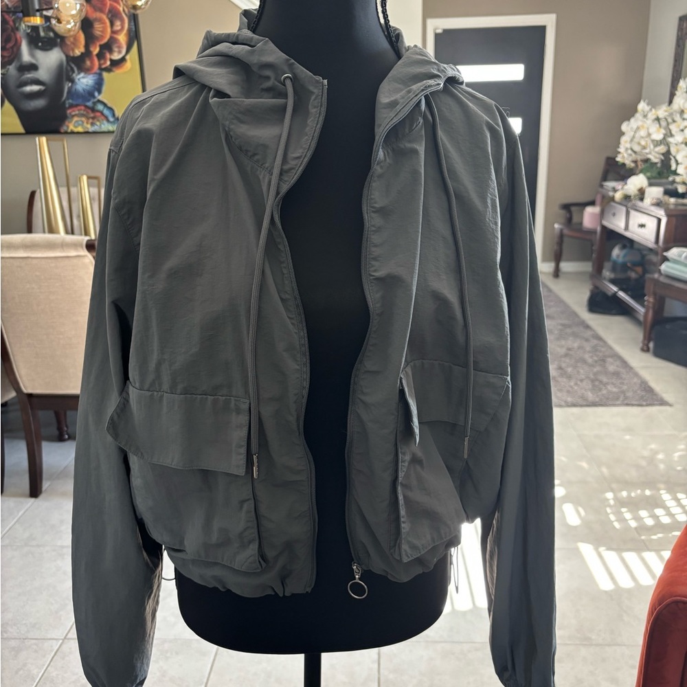 Gray Women's Hooded Windbreaker Jacket